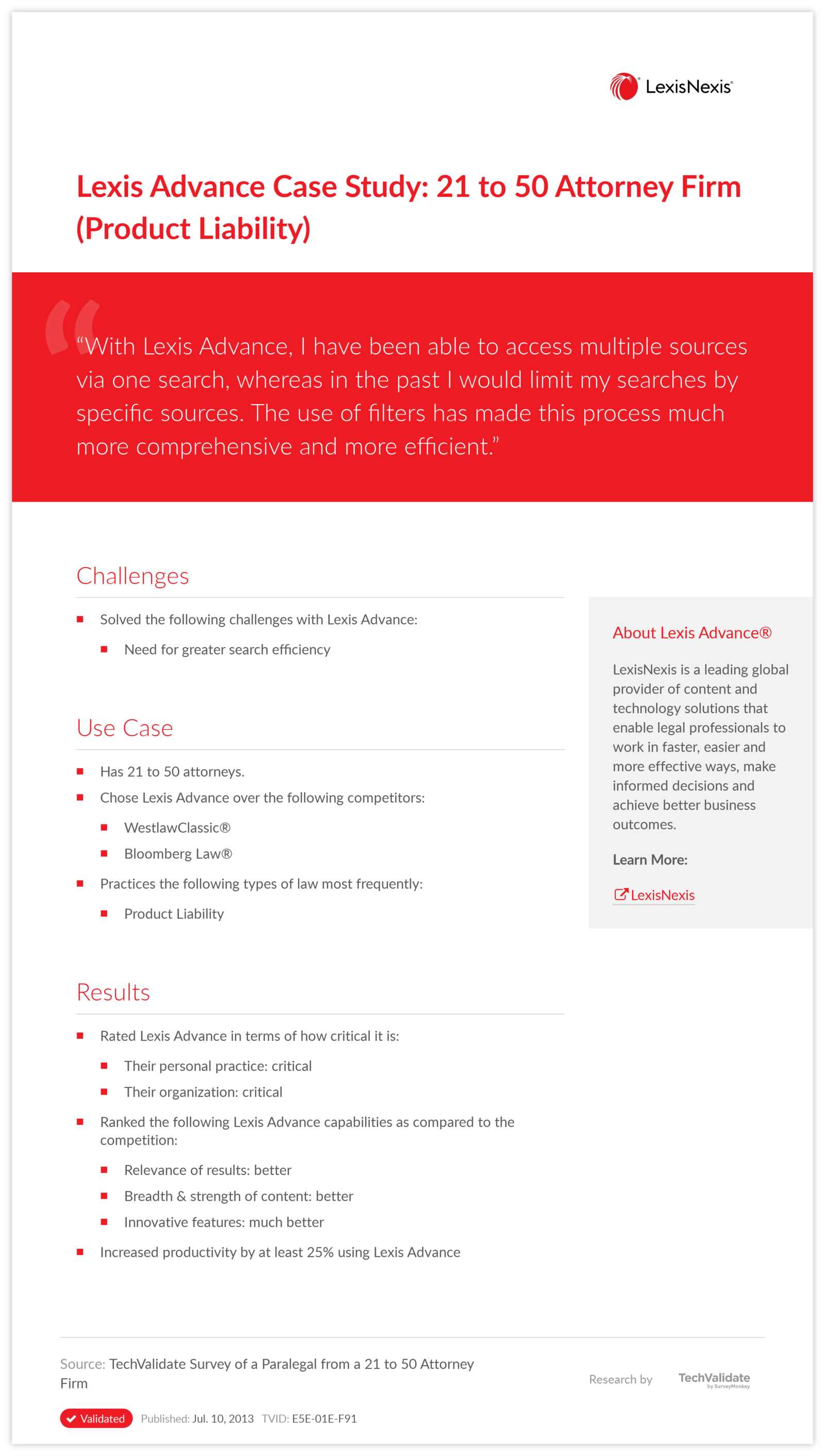 Lexis Advance Case Study: 21 to 50 Attorney Firm (Product Liability)