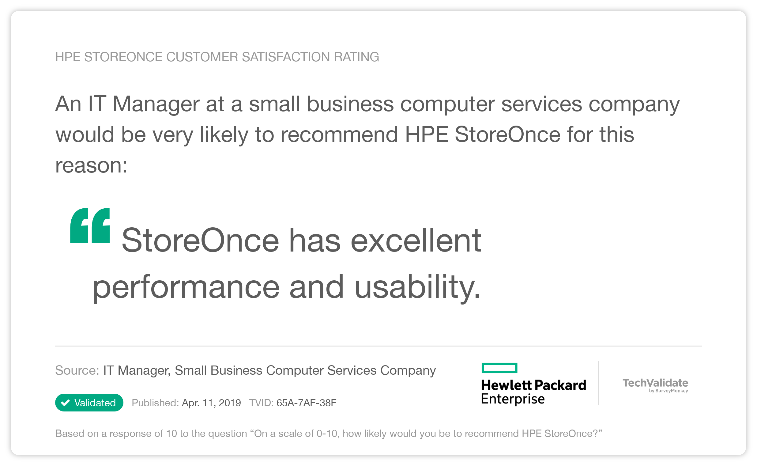 HPE StoreOnce Customer Satisfaction Rating