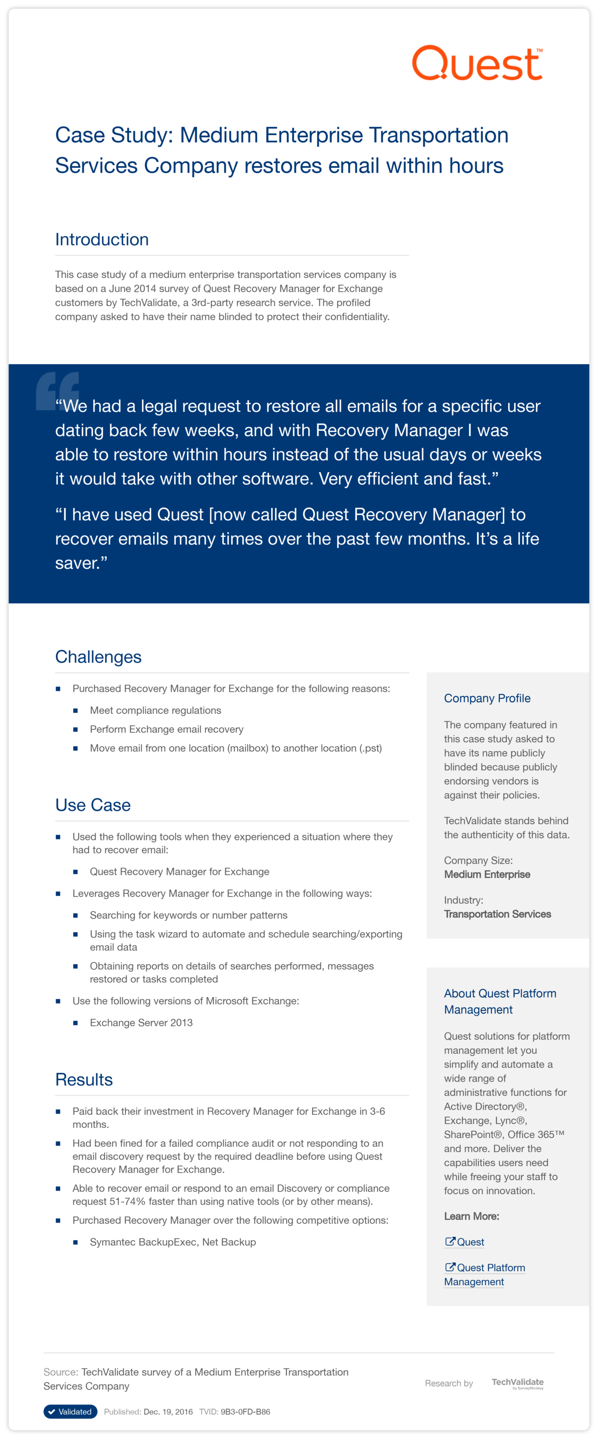 Case Study: Medium Enterprise Transportation Services Company restores email within hours