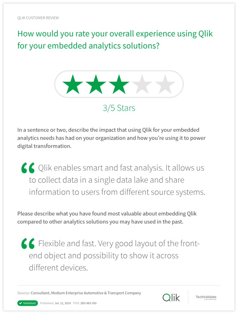 How would you rate your overall experience using Qlik for your embedded analytics solutions?