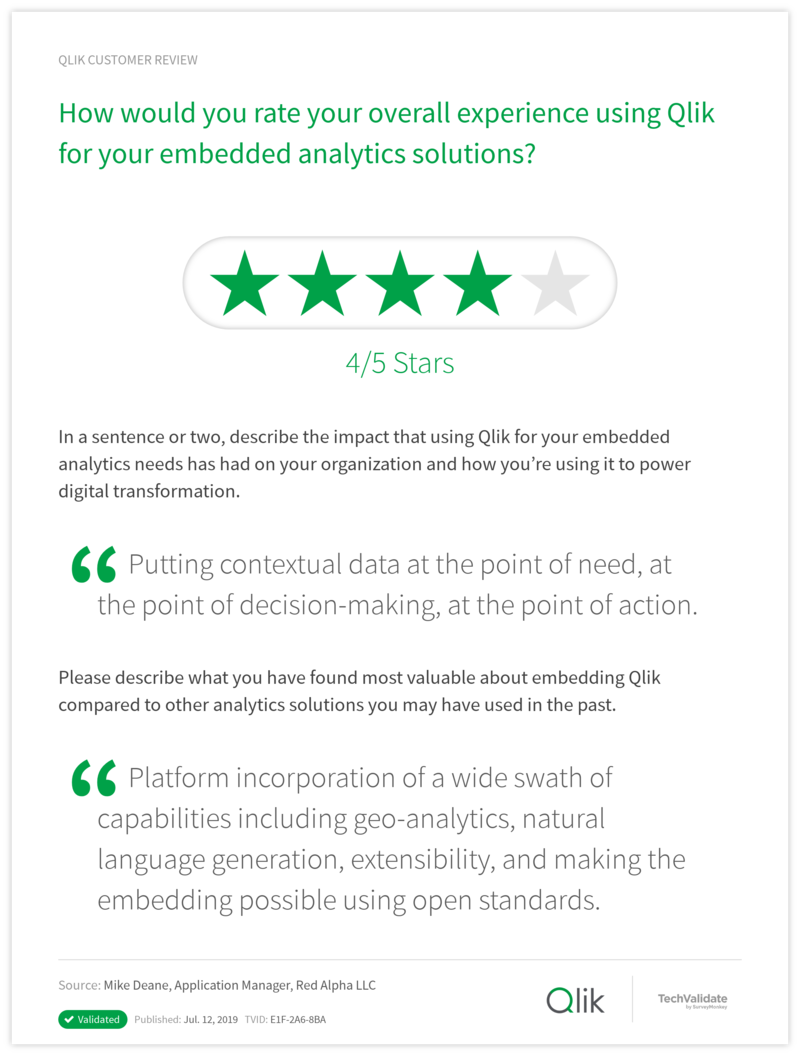 How would you rate your overall experience using Qlik for your embedded analytics solutions?