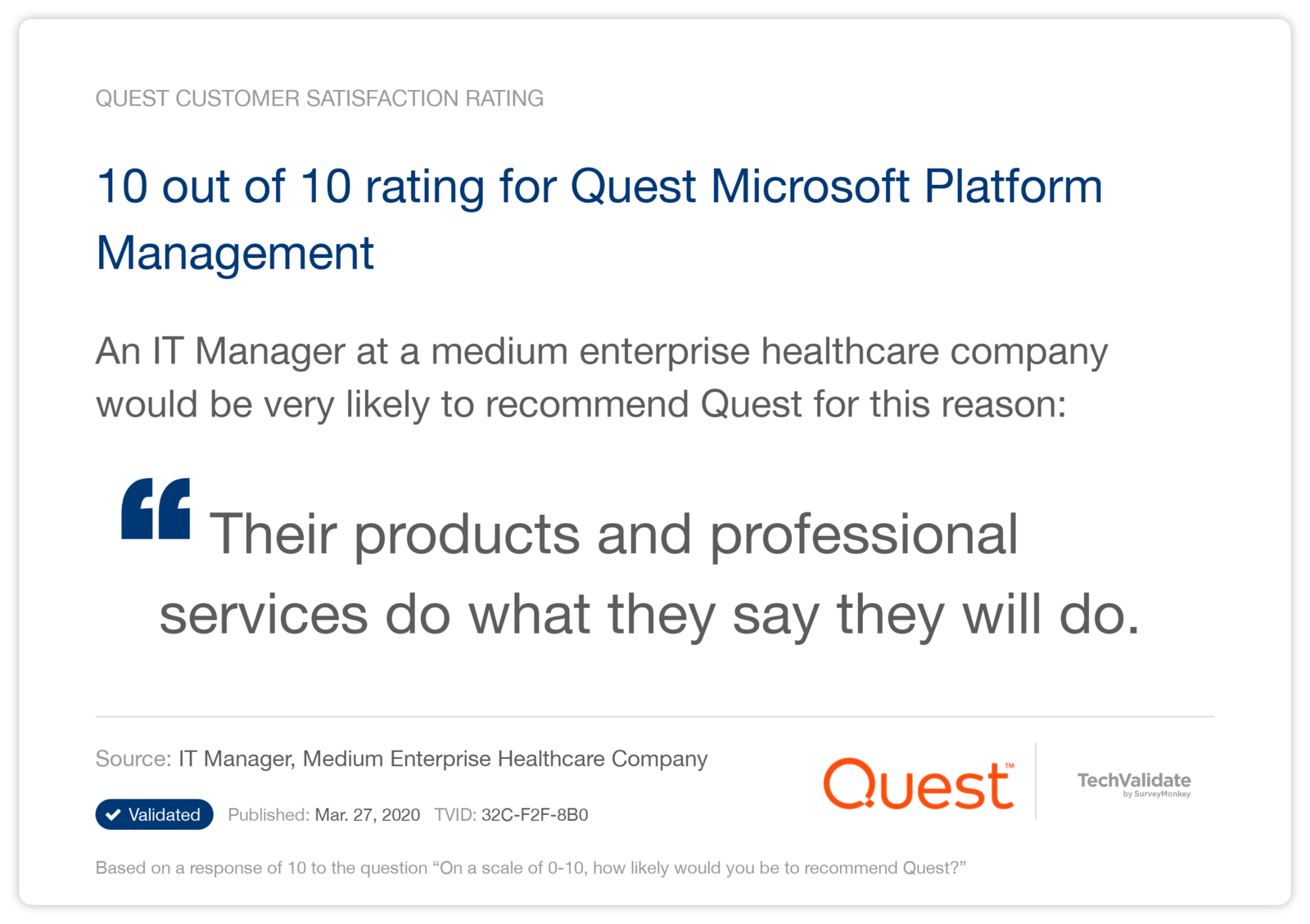 10 out of 10 rating for Quest Microsoft Platform Management