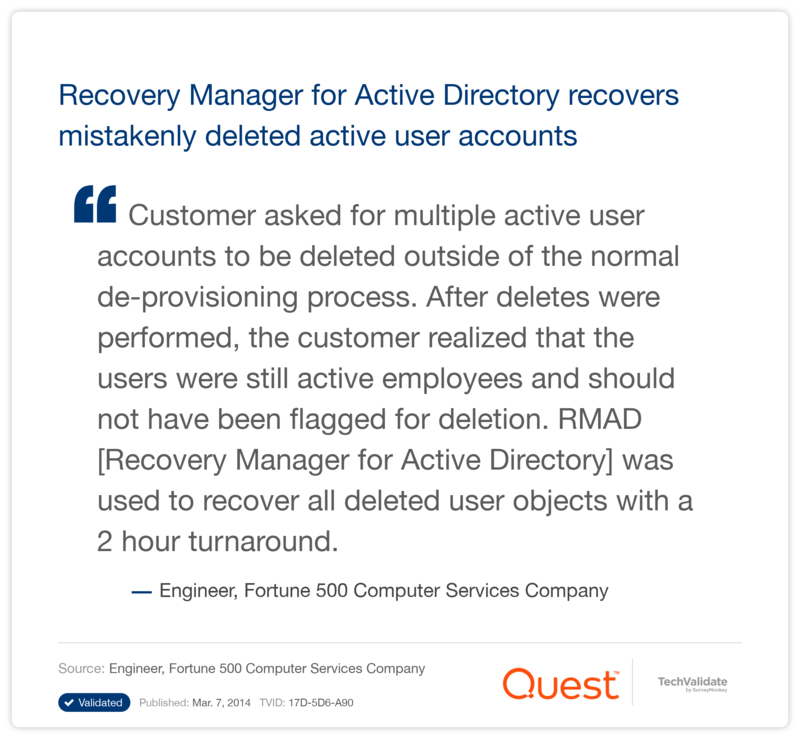 Recovery Manager for Active Directory recovers mistakenly deleted active user accounts
