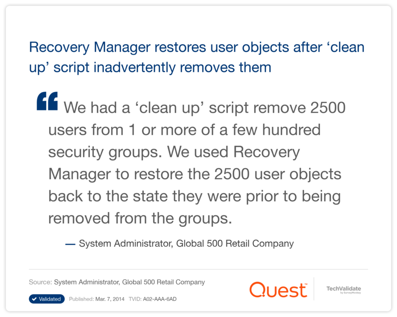 Recovery Manager restores user objects after 'clean up' script inadvertently removes them