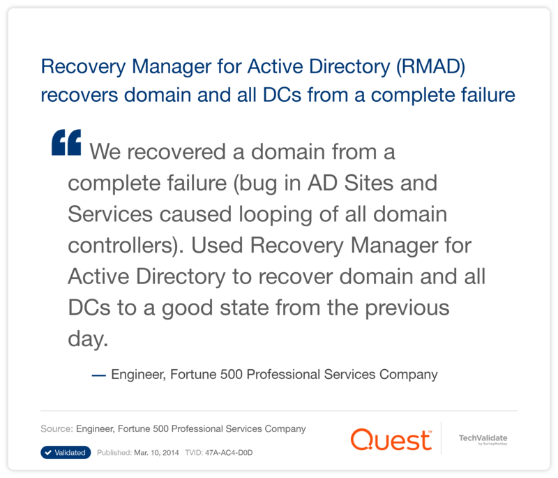 Recovery Manager for Active Directory (RMAD) recovers domain and all DCs from a complete failure