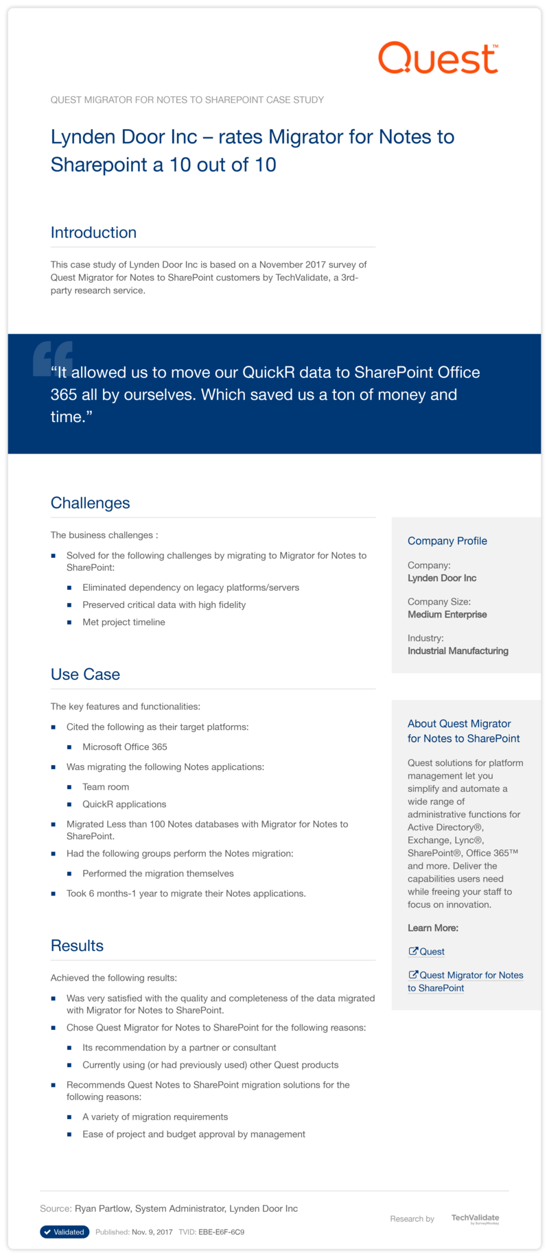 Lynden Door Inc-rates Migrator for Notes to Sharepoint a 10 out of 10