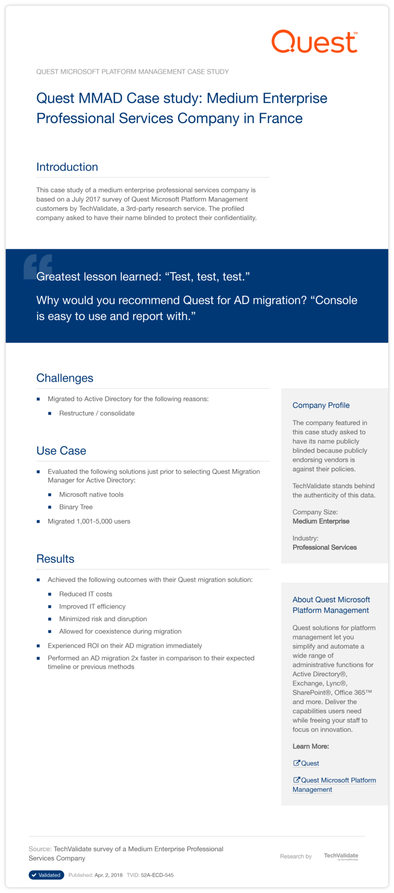Quest MMAD Case study: Medium Enterprise Professional Services Company in France