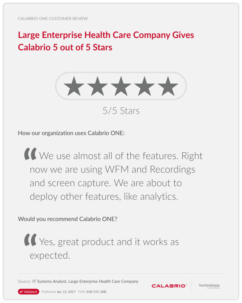 Large Enterprise Health Care Company Gives Calabrio 5 out of 5 Stars