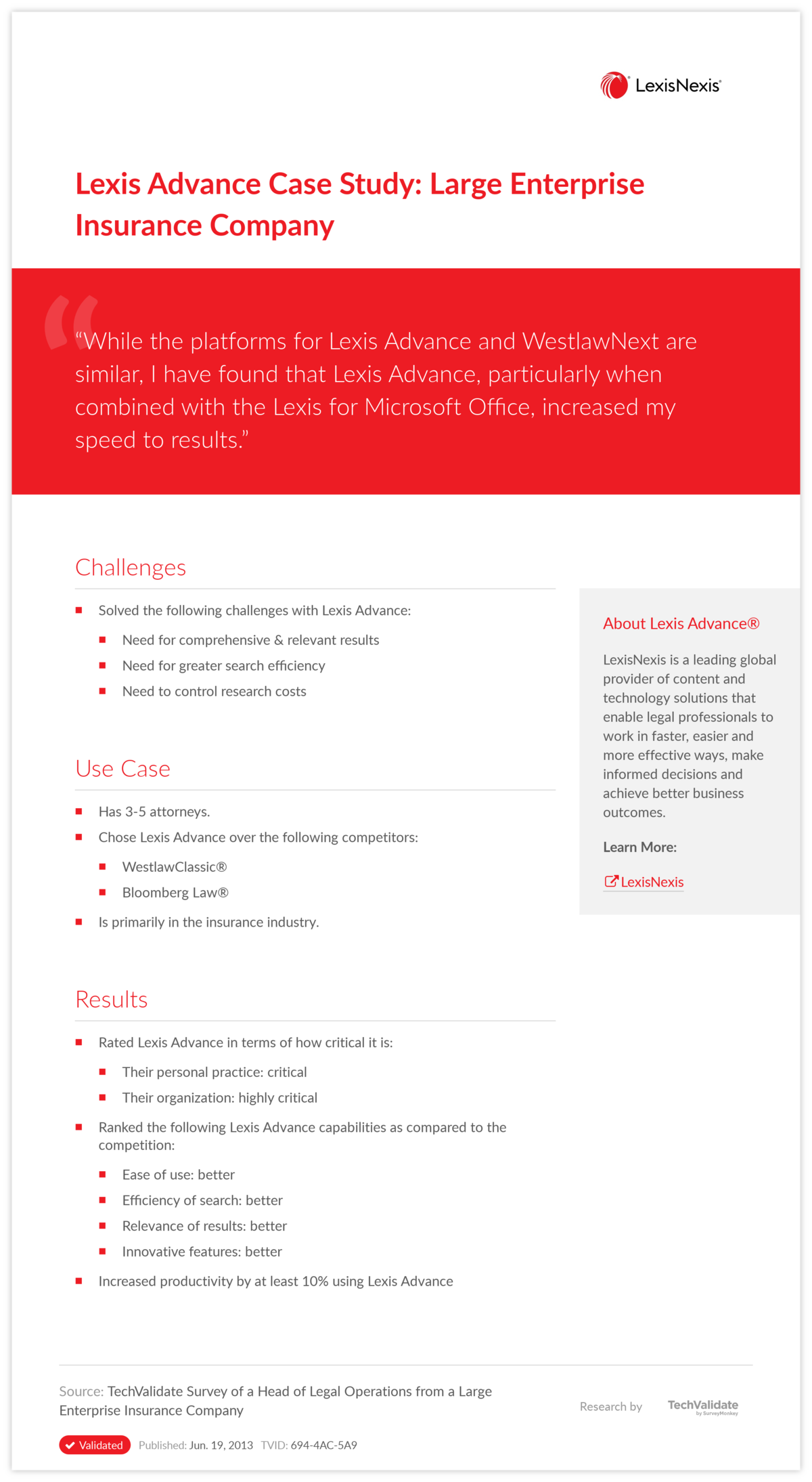 Lexis Advance Case Study: Large Enterprise Insurance Company