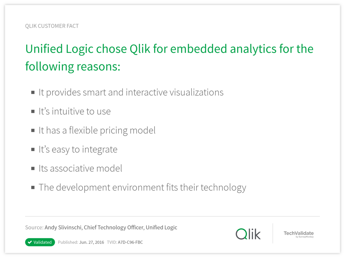 Unified Logic chose Qlik for embedded analytics for the following reasons: