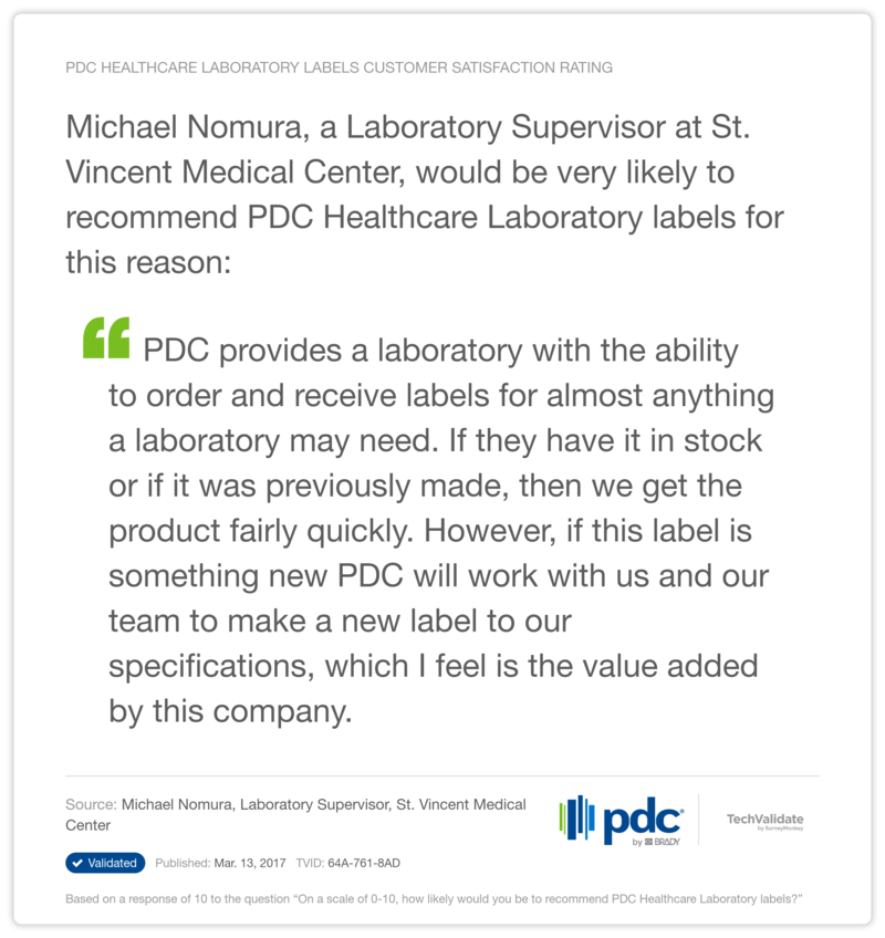 PDC Healthcare Laboratory labels Customer Satisfaction Rating