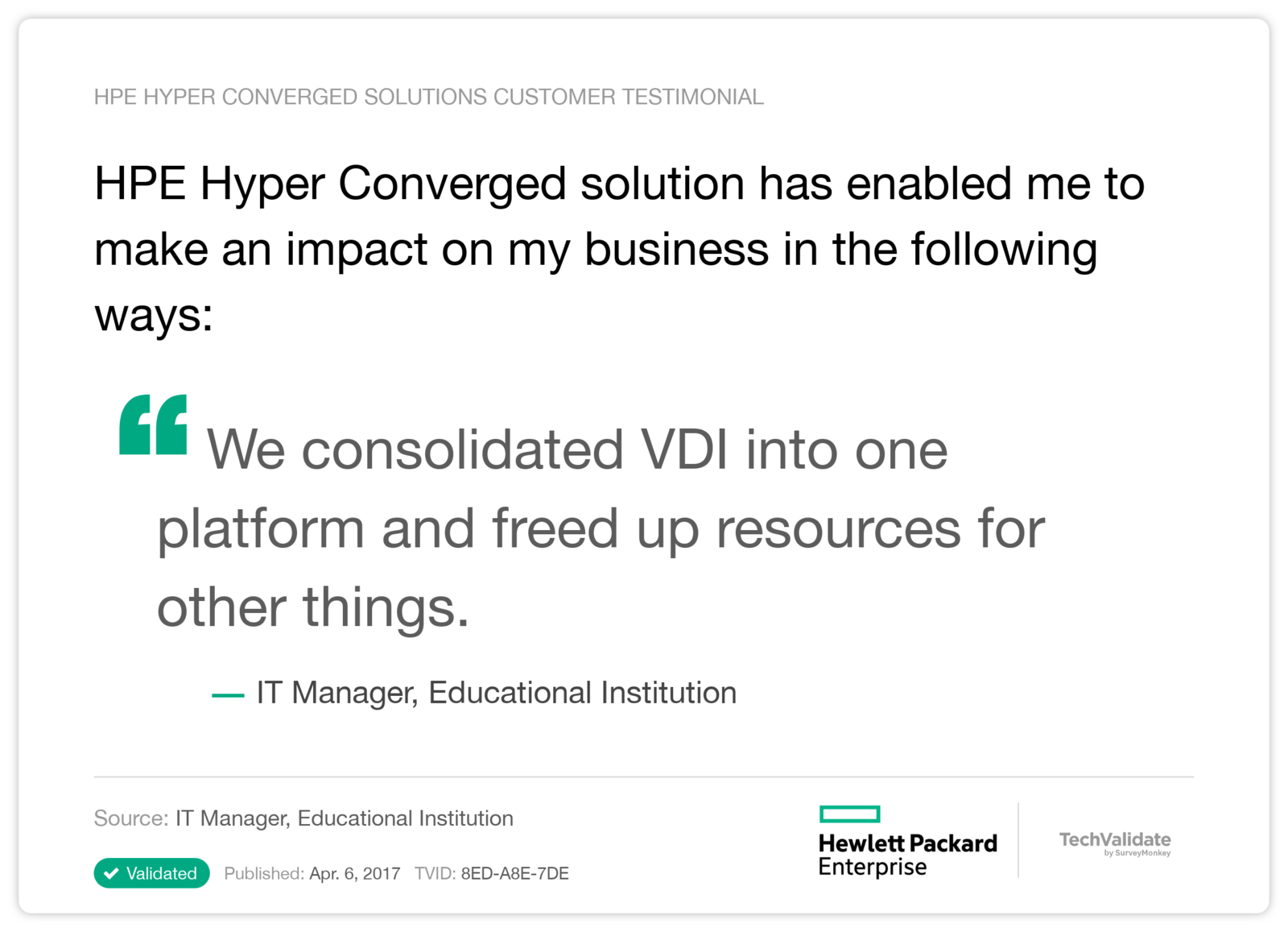HPE Hyper Converged solution has enabled me to make an impact on my business in the following ways: