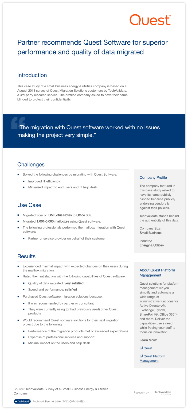 Partner recommends Quest Software for superior performance and quality of data migrated