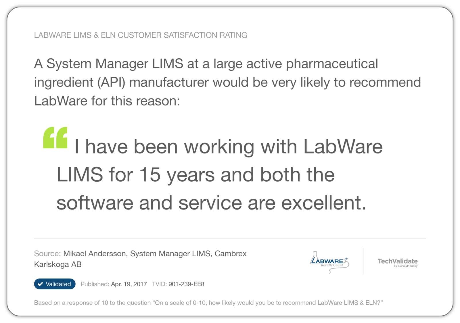 LabWare LIMS & ELN Customer Satisfaction Rating