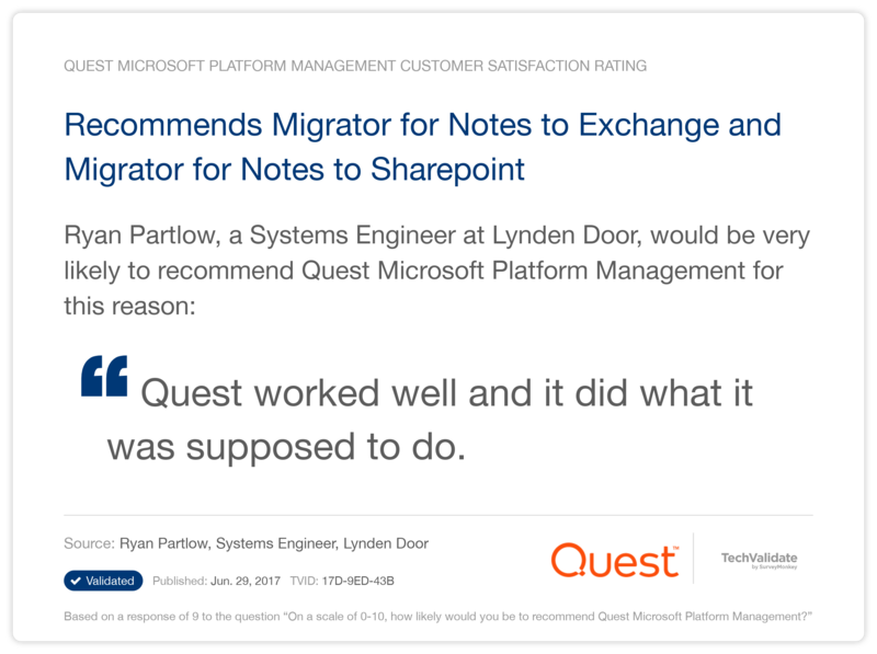 Recommends Migrator for Notes to Exchange and Migrator for Notes to Sharepoint