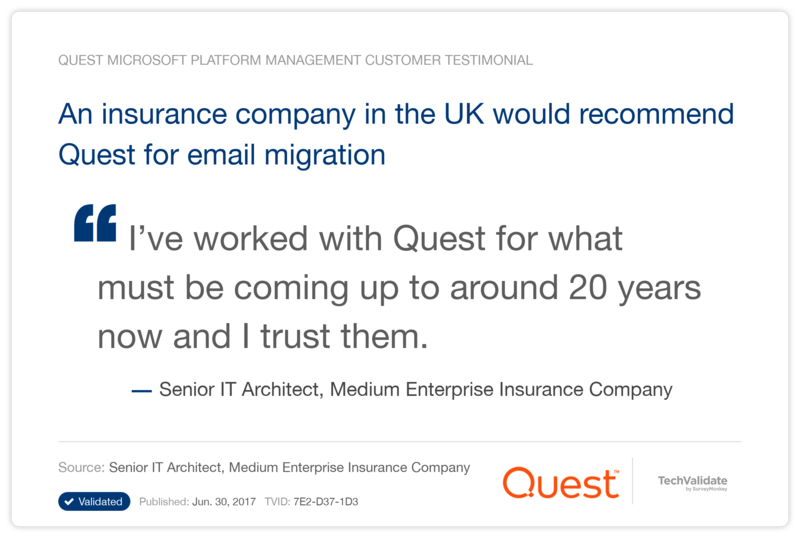 An insurance company in the UK would recommend Quest for email migration