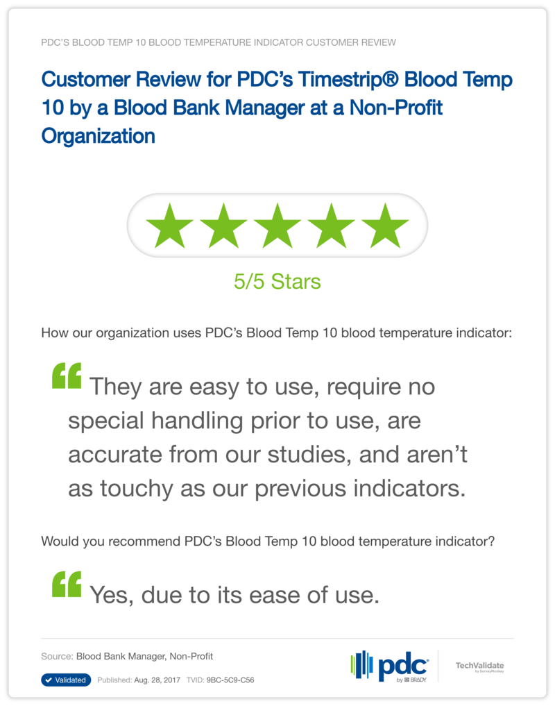 Customer Review for PDC's Timestrip® Blood Temp 10 by a Blood Bank Manager at a Non-Profit Organization